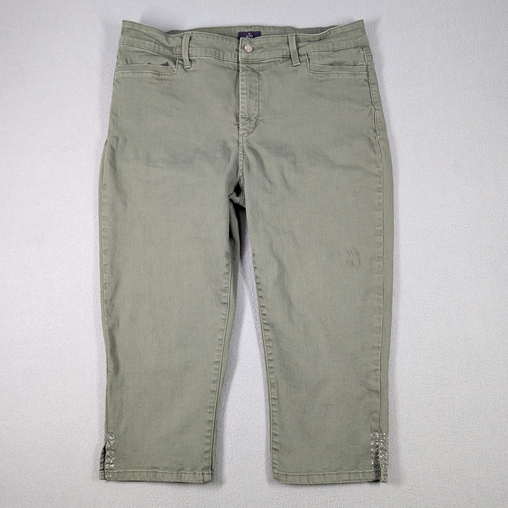 NYDJ Pants Women's 14 Olive Green Cotton Blend Cropped Embellished Hem Casual - Picture 1 of 16